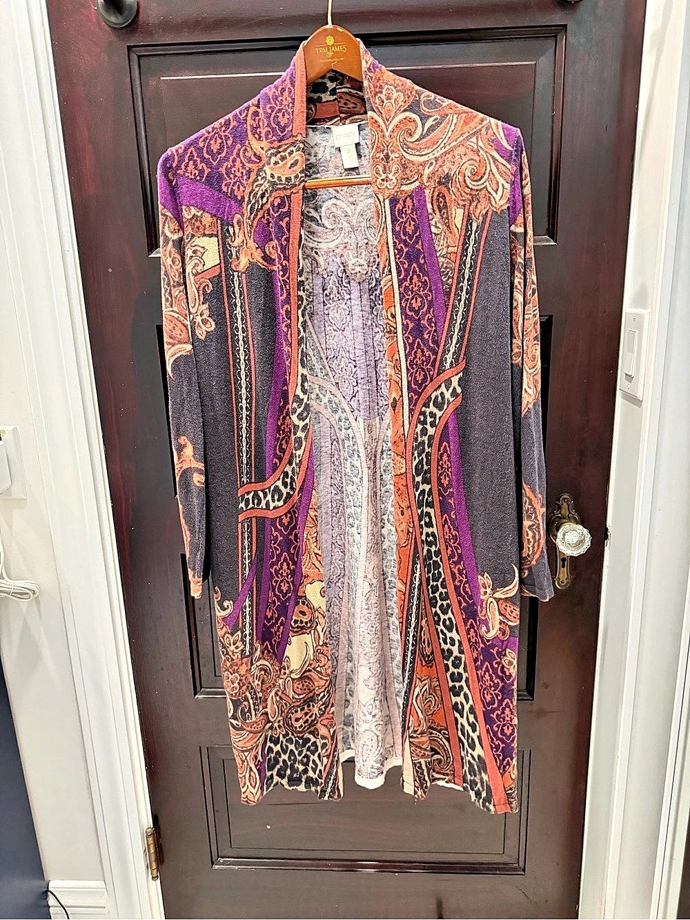 Chico's Paisley and Leopard Print Long Duster Cardigan in Purple & Black Size 2